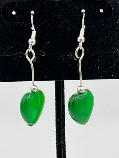 Natural Jade Gemstone Heart Beaded Sterling Silver Dangle Earrings