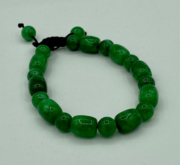 Natural Green Jade Gemstone Round and Barrel Beaded Adjustable Bracelet