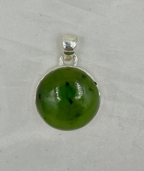 Natural Green Jade Gemstone Round Cabochon Sterling Silver Pendant