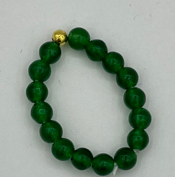 Natural Green Jade Gemstone Round and Gold Tone Beaded Adjustable Stretch Ring