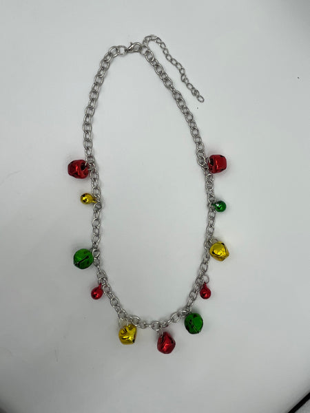 Red Green and Gold Christmas Jingle Bell Silvertone Charm Necklace