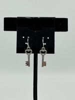 Silvertone Key Heart Charm Dangle Earrings with Sterling Silver Hooks