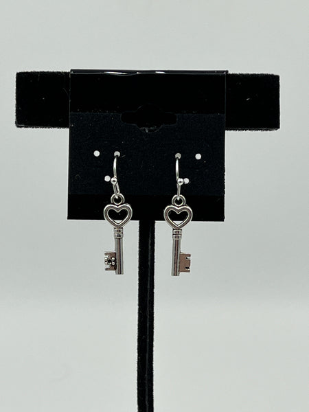 Silvertone Key Heart Charm Dangle Earrings with Sterling Silver Hooks