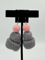 Gray Knit Christmas Winter Hat with Pink Pom Pom Dangle Earrings