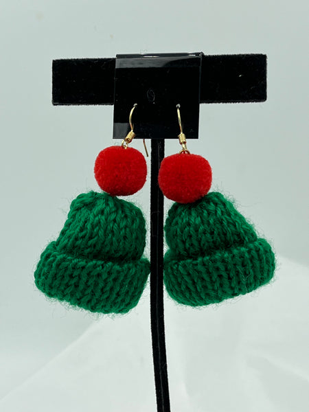 Cute Knit Green Christmas Hat with Red Pompom Dangle Earrings
