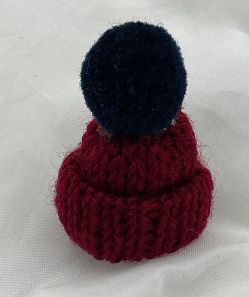 Bright Red Knit Christmas Hat Pin Brooch with Blue Pompom