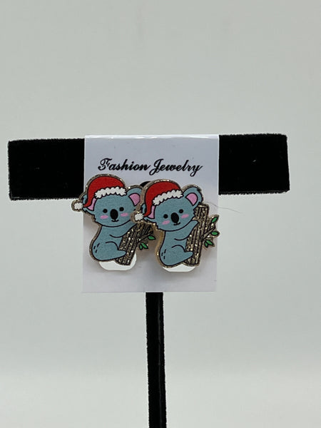 Cute Wood Koala in Christmas Santa Hat Stud Post Earrings