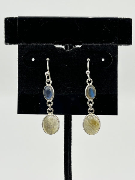 Natural Labradorite Gemstone Oval Cabochons Sterling Silver Dangle Earrings