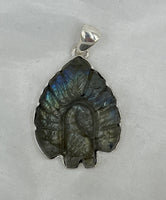 Natural Labradorite Gemstone Carved Peacock Sterling Silver Pendant