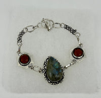 Natural Labradorite and Garnet Gemstone Sterling Silver Adjustable Bracelet