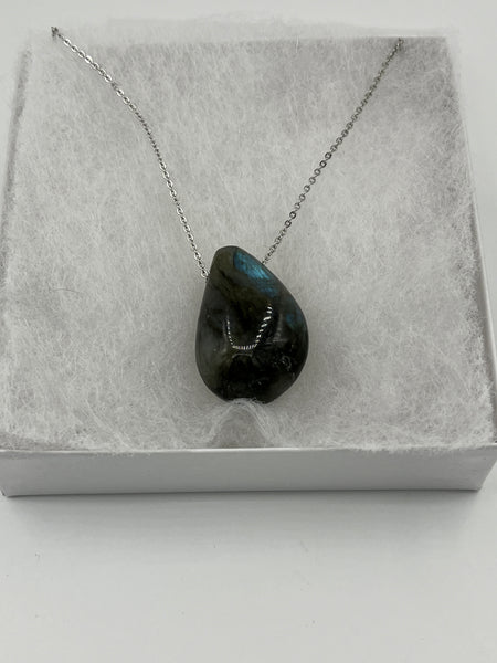 Natural Labradorite Gemstone Teardrop Pendant on Adjustable Chain Necklace