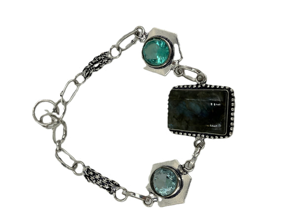 Natural Labradorite and Blue Topaz Gemstone Sterling Silver Adjustable Bracelet