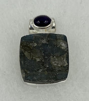 Natural Rough Labradorite and Amethyst Gemstone Square Sterling Silver Pendant