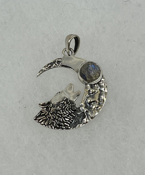 Natural Labradorite Gemstone Round in Sterling Silver Wolf and Moon Pendant