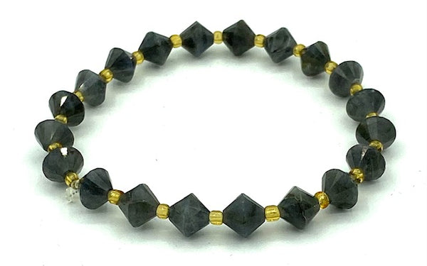 Natural Labradorite Gemstone Faceted Bicone and Gold Beaded Stretch Bracelet