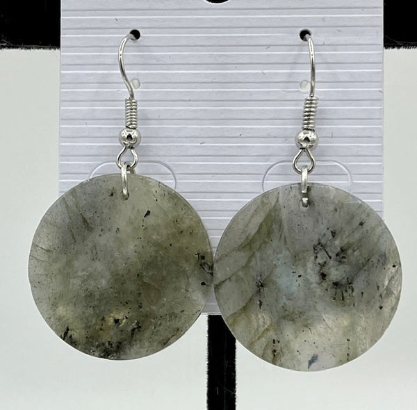 Natural Labradorite Gemstone Flat Disk Sterling Silver Dangle Earrings