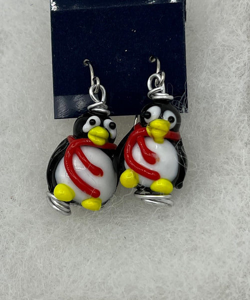 Lampworked Glass 3D Christmas Penguin Dangle Earrings