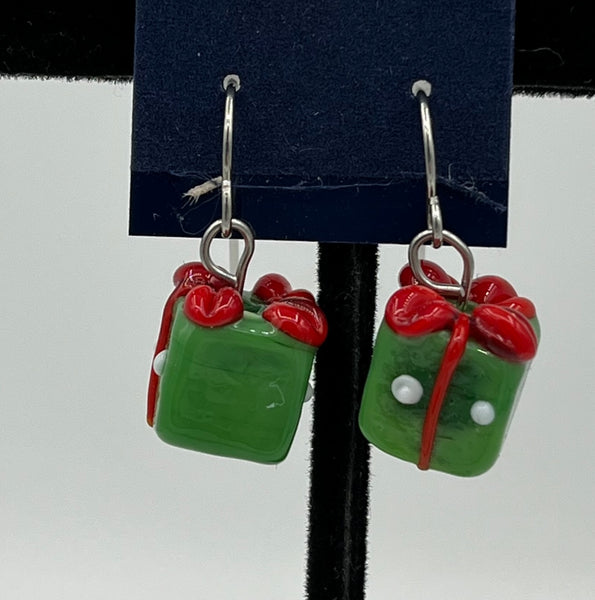 Green Red White Lampworked Glass Christmas Gift Package Present Dangle Earrings