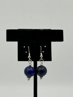 Natural Lapis Lazuli Gemstone 12MM Round Beaded Sterling Silver Dangle Earrings