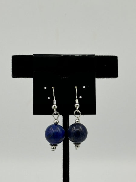 Natural Lapis Lazuli Gemstone 12MM Round Beaded Sterling Silver Dangle Earrings