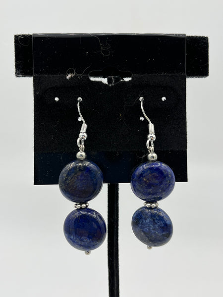 Natural Lapis Gemstone Coins Beaded Sterling Silver Dangle Earrings