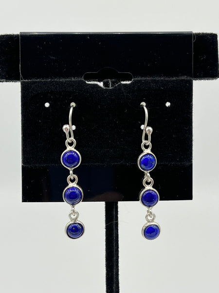 Natural Lapis Lazuli Gemstone Round Cabochons Sterling Silver Dangle Earrings