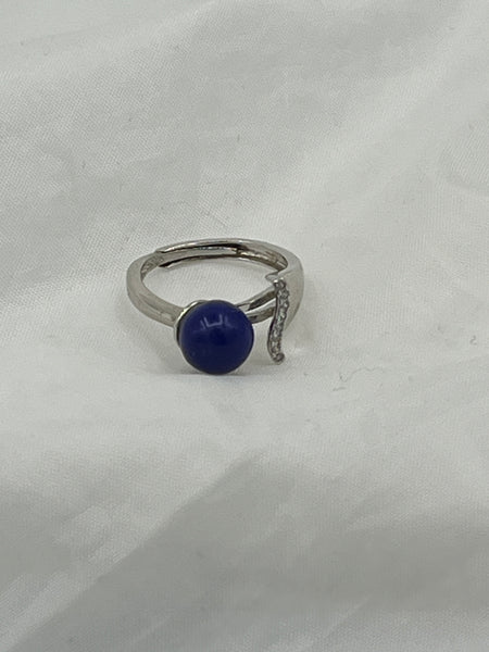 Natural Lapis and White Topaz Gemstone Sterling Silver Adjustable Ring