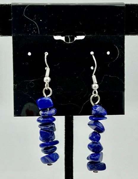 Natural Lapis Gemstone Chips Beaded Sterling Silver Dangle Earrings