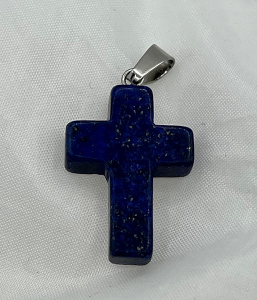 Natural Lapis Gemstone Small Carved Cross Pendant