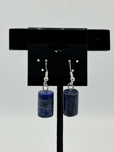 Natural Lapis Gemstone Cylinders Beaded Sterling Silver Dangle Earrings