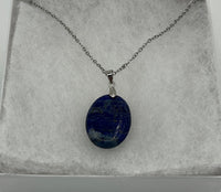 Natural Lapis Gemstone Oval Pendant on Silvertone Chain Necklace