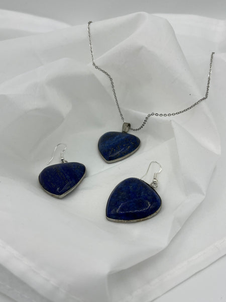 Natural Lapis Gemstone Heart Pendant on Chain Necklace and Dangle Earrings Set