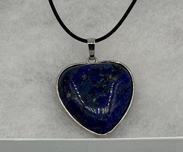 Natural Lapis Gemstone Heart Cabochon Pendant on Black Leather Cord Necklace