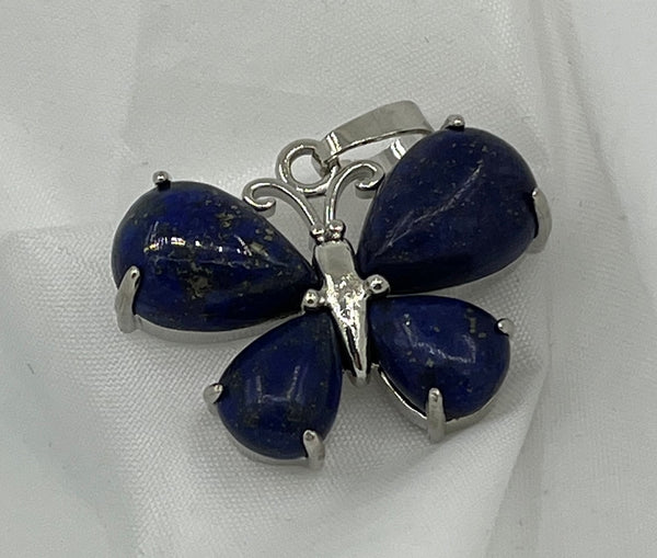 Natural Lapis Gemstone and Silvertone Butterfly Pendant