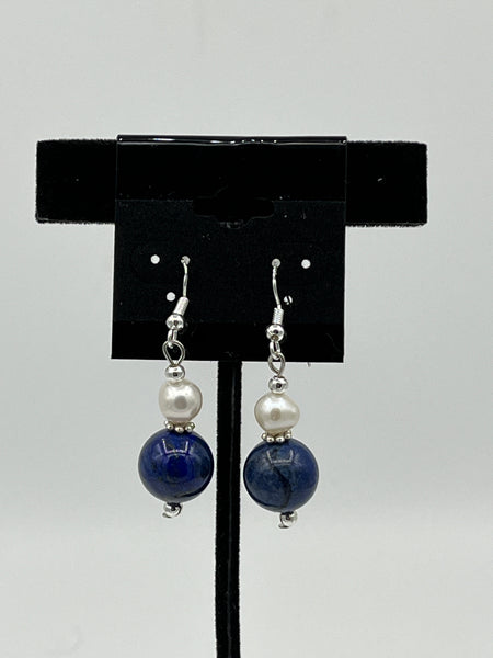 Natural Lapis and Pearl Gemstone Round Beaded Sterling Silver Dangle Earrings