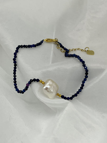 Natural Lapis Lazuli Gemstone and White Square Pearl Beaded Adjustable Bracelet