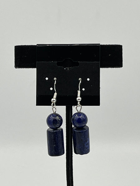Natural Lapis Gemstone Round and Cylinder Beaded Sterling Silver Dangle Earrings