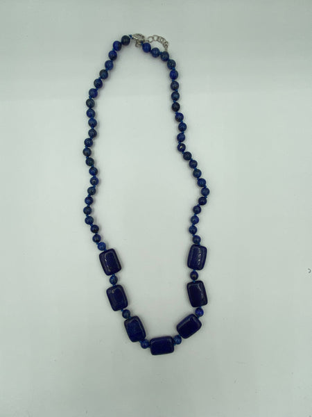 Natural Lapis Gemstone Round and Rectangle Beaded Adjustable Necklace