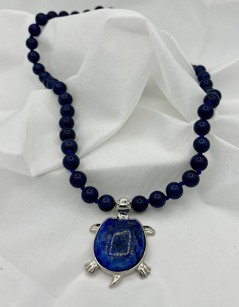 Natural Lapis Gemstone Round Beaded Necklace with Turtle Pendant