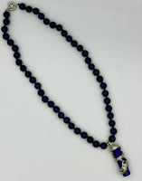 Natural Lapis Gemstone Round Beaded Necklace and Dragon Wrapped Cylinder Pendant