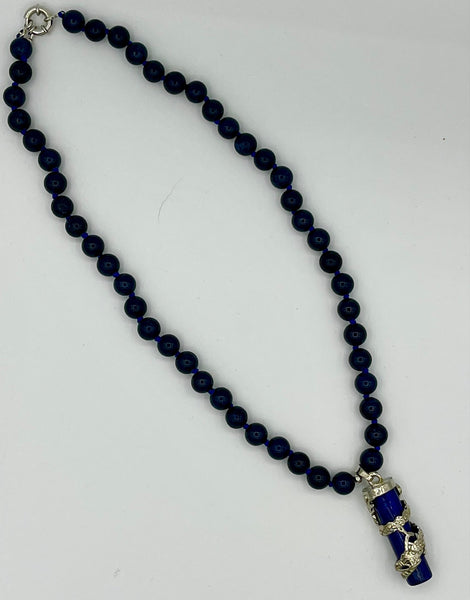 Natural Lapis Gemstone Round Beaded Necklace and Dragon Wrapped Cylinder Pendant