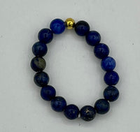 Natural Lapis Gemstone Round and Gold Tone Beaded Adjustable Stretch Ring