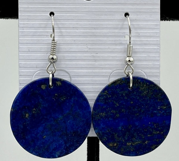 Natural Lapis Lazuli Gemstone Flat Disk Sterling Silver Dangle Earrings