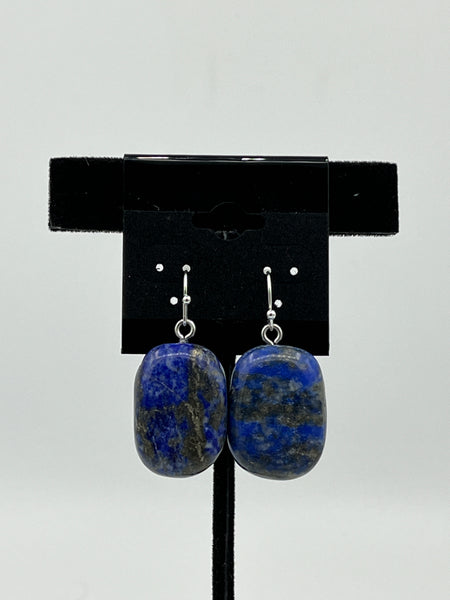 Natural Lapis Gemstone Tumbled Rectangle Sterling Silver Dangle Earrings