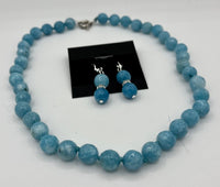 Natural Larimar Gemstone Faceted Rounds Beaded Necklace and Dangle Earrings Set