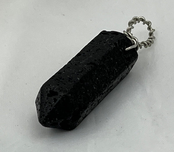 Natural Rough Black Lava Rock Gemstone Carved 6 Sided Point Pendant