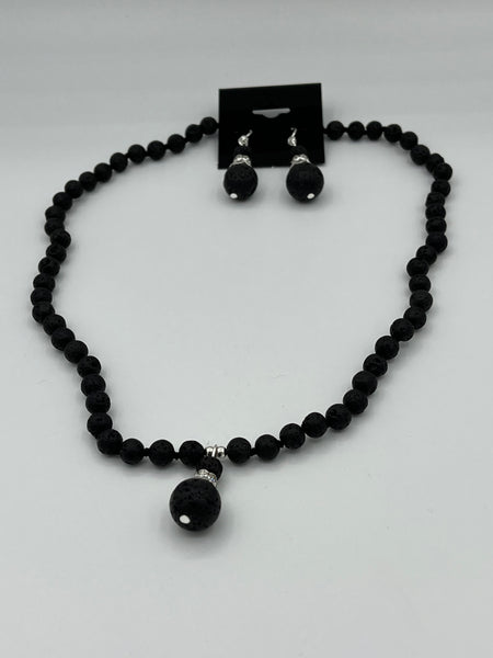 Natural Lava Rock Gemstone 6MM Rounds Beaded Necklace and Dangle Earrings Set