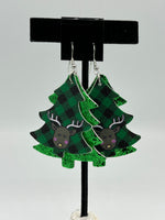 Leather Green Christmas Tree Shaped Dangle Earrings with Reindeer Design