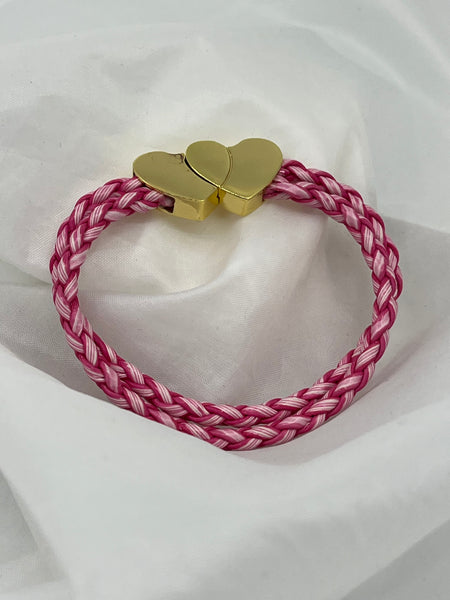 Pink Braided Double Strand Leather Bracelet with Double Heart Magnetic Clasp