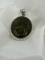 Natural Limestone Gemstone Oval Cabochon Pendant in Silvertone Setting